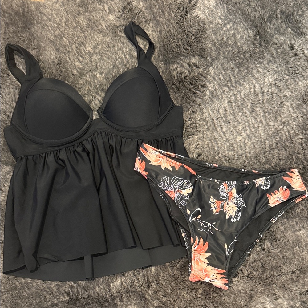 New Elegant Black and Floral Bikini Set